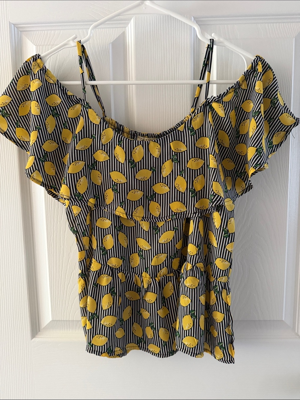 Lily White Lemon-Print Off-Shoulder Top - Striped with Lemons, Size M